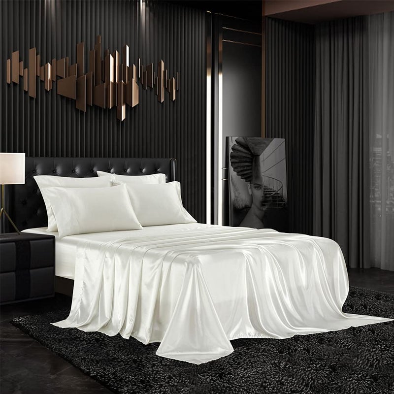 AiMay 6 Piece Satin Bed Sheet Set Deep Pocket Luxury Rich Silk Silky Super Soft Solid Color Reversible Stain-Resistant Wrinkle Free (King,Off White) - Image 1